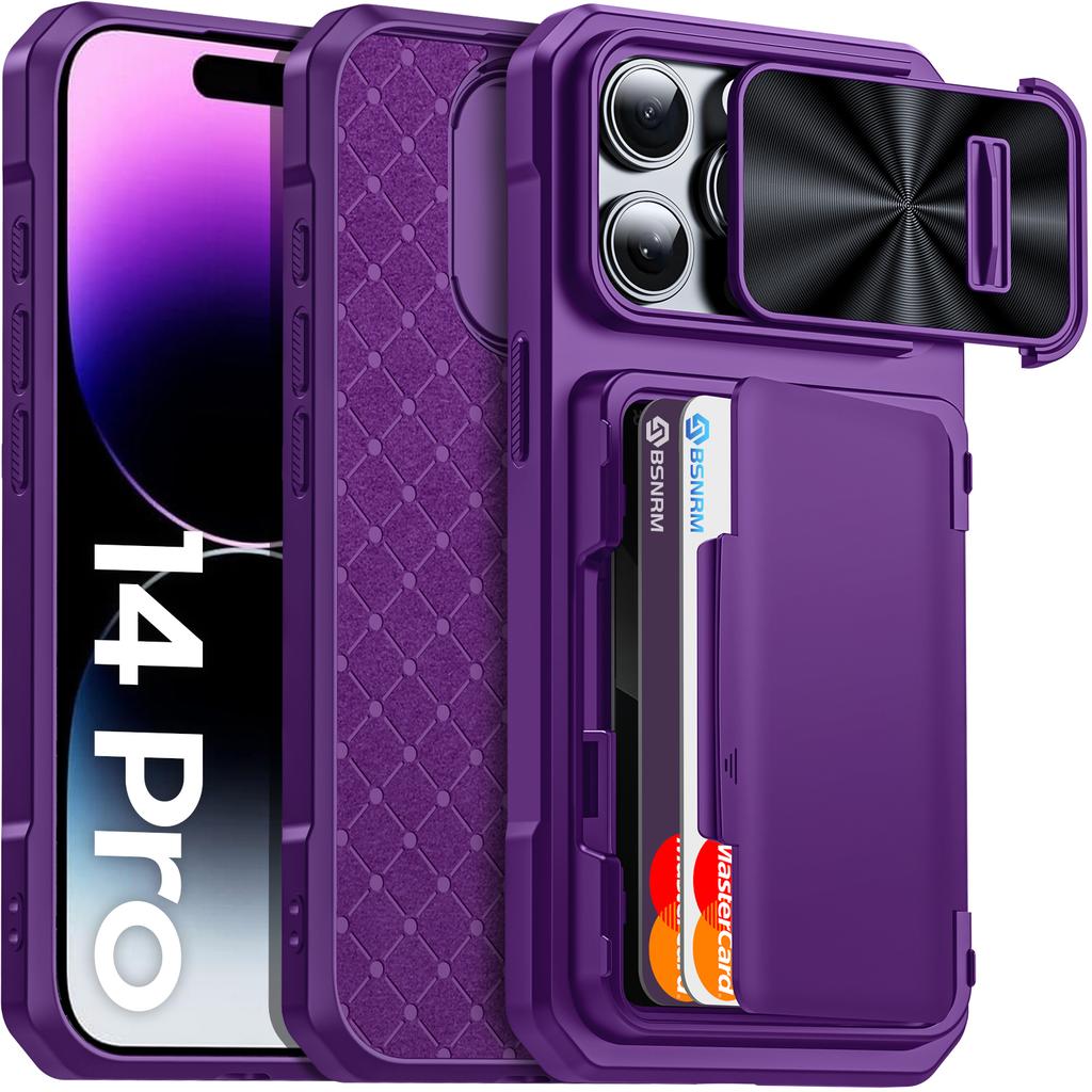 RFID Wallet Case with Card Holder and Sliding Camera Cover for iPhone 14 Pro-Blue