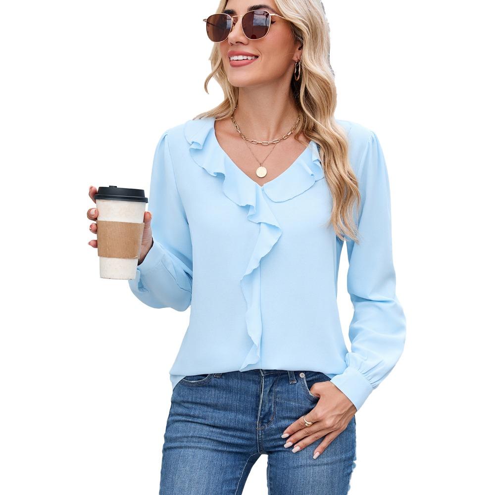 Women's V-Neck Long Sleeve Solid Color Blouse Loose Fit Casual Basic Polyester Top