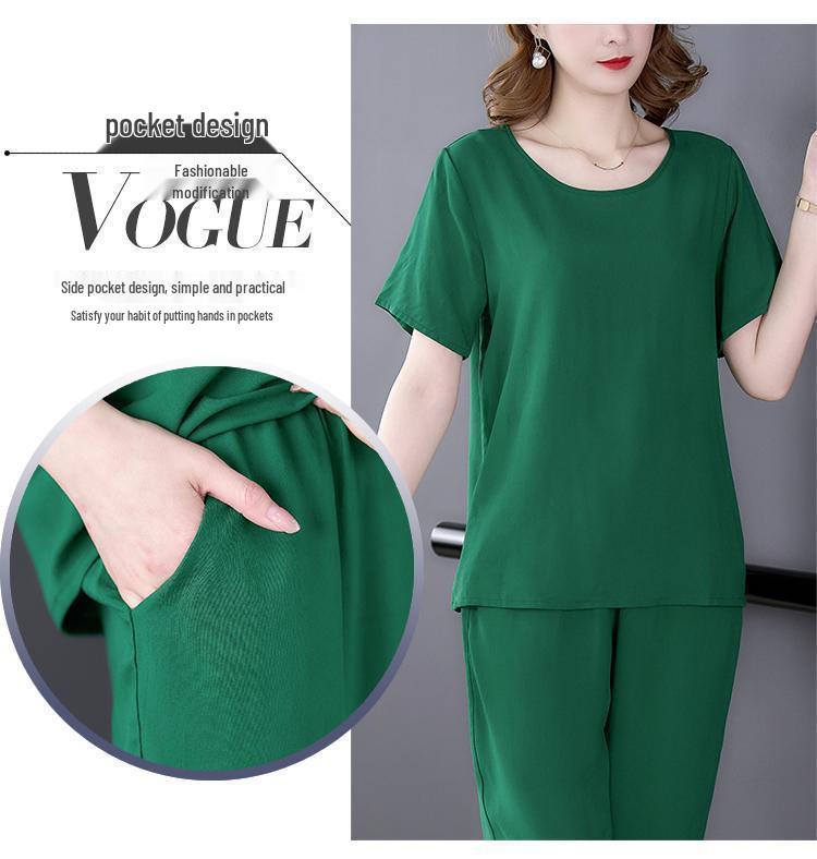 Damen Baumwollseide Zweiteiler: Sommer-Oberteil mit kurzen Ärmeln & Lange Hose, Große Größen, Modisch & Locker geschnitten.