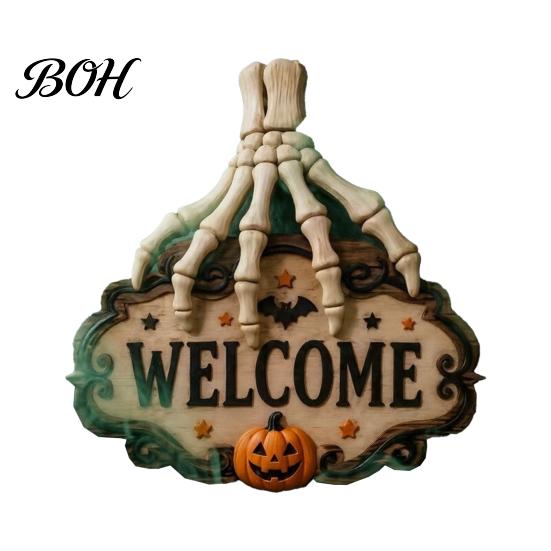 Creative Gift for Friends Halloween Wooden Welcome Sign, Spooky Skull Frog Crow Witch Door Hanger, Realistic Skeleton Sign 2D Wall Hanging Home Party