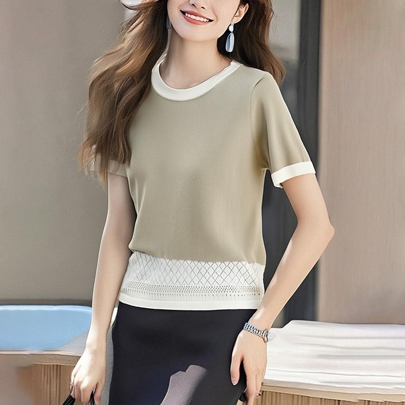 

Summer hook lace hollow splicing round neck women s color matching knitted top one size fits all зелёный
