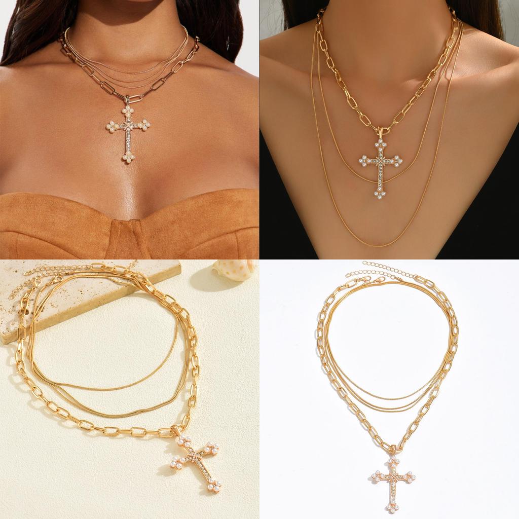 Geometric Cross Pendant Necklace For Women With Multi Layer Design And Zinc Alloy Material