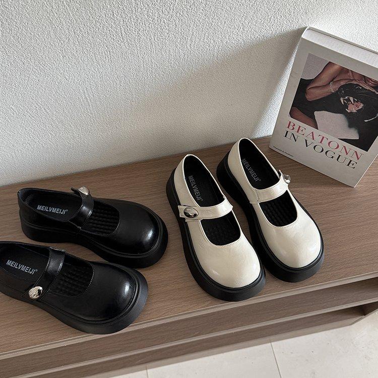 Muffin Thick-soled Round-headed Mary Jane Shoes Women's 2025 Spring New Shallow Mouth Retro College Style Loafers Single Shoes
