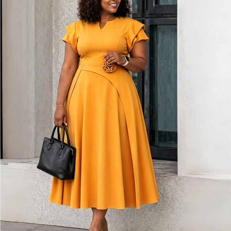 Plus Size High Waist Mid Length Big Hem Elegant A Line Women Summer Dress
