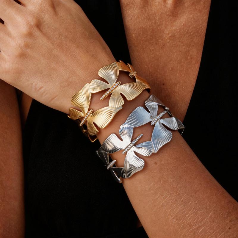 Vintage Ginkgo Leaf Butterfly Open Cuff Bangle Gold Silver Wide Statement Bracelet For Women Boho Party Jewelry