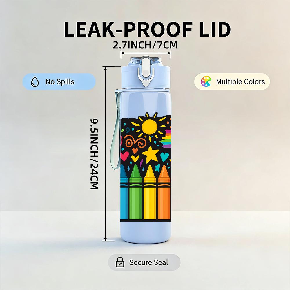 1PC Color Crayon Box Layout 750ml Color Plastic Sports Water Bottle Leakproof Flip Straw Lid For Sports Office Home Use