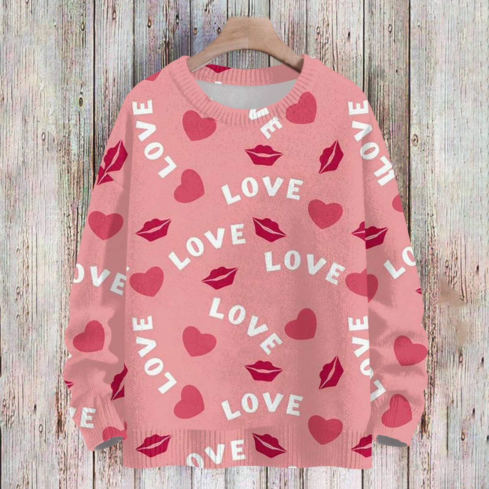 

Женская спортивная одежда ко Дню святого Валентина, вязаный свитер, милая рубашка, круглый вырез, пуловер S розовый