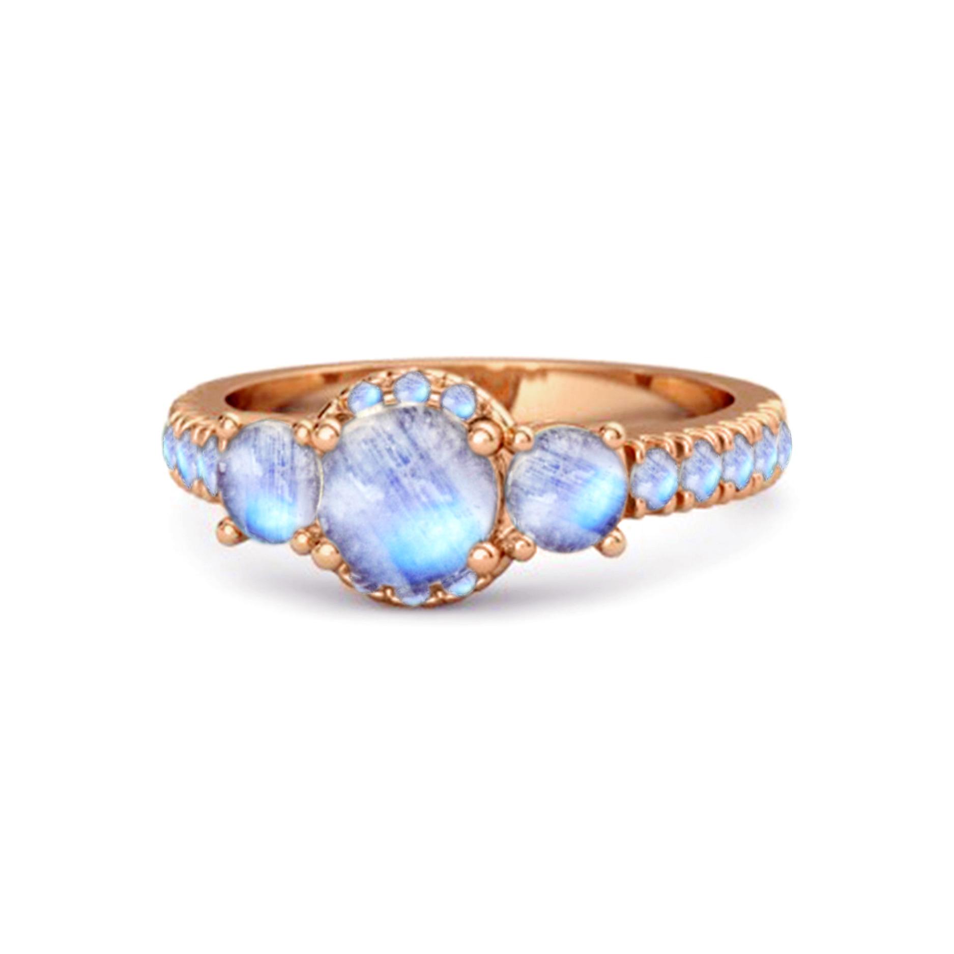 

Moonstone Three-Stone Halo Pave Band Ring -925 Sterling Silver Rose Gold Vermeil 9.5