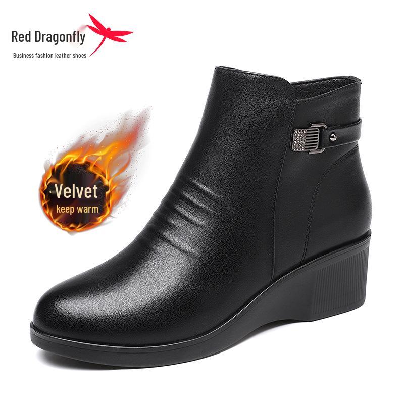 Red Dragonfly Women s Winter Leather Flat Boots - Plush Lined, Non-Slip Cowhide, Thickened Cotton. 36