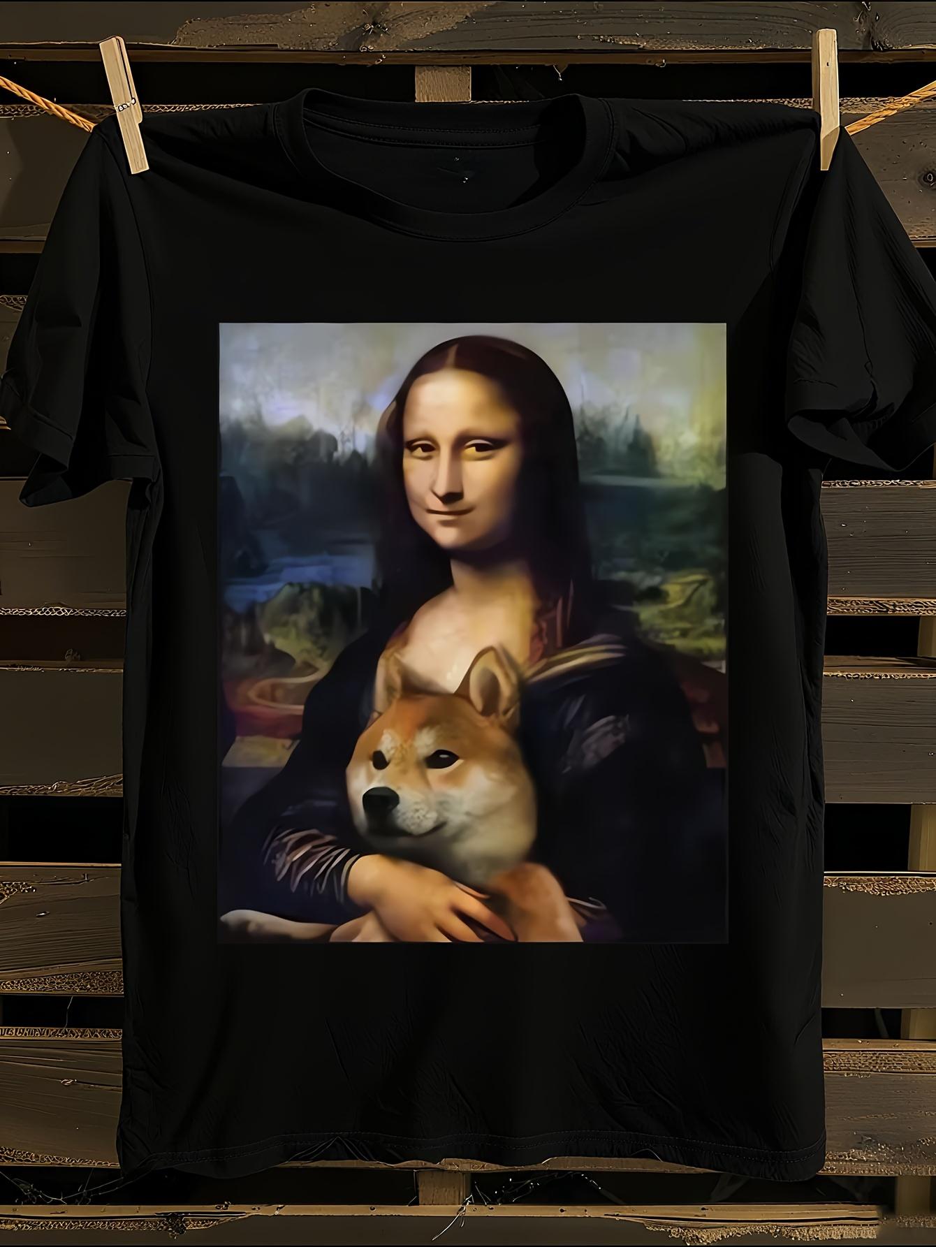 Funny Mona Lisa and Shiba Inu Dog Graphic T-shirt M