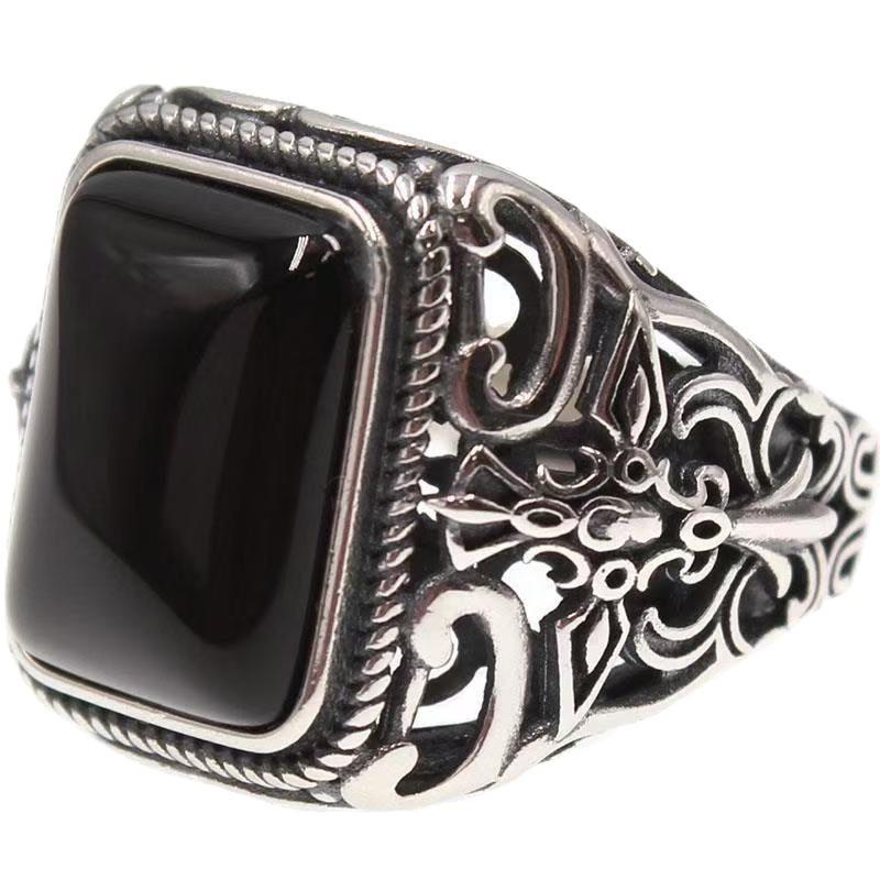 Men's Trendy Black Agate Cross Ring - Retro, Stylish, High-End Open Design