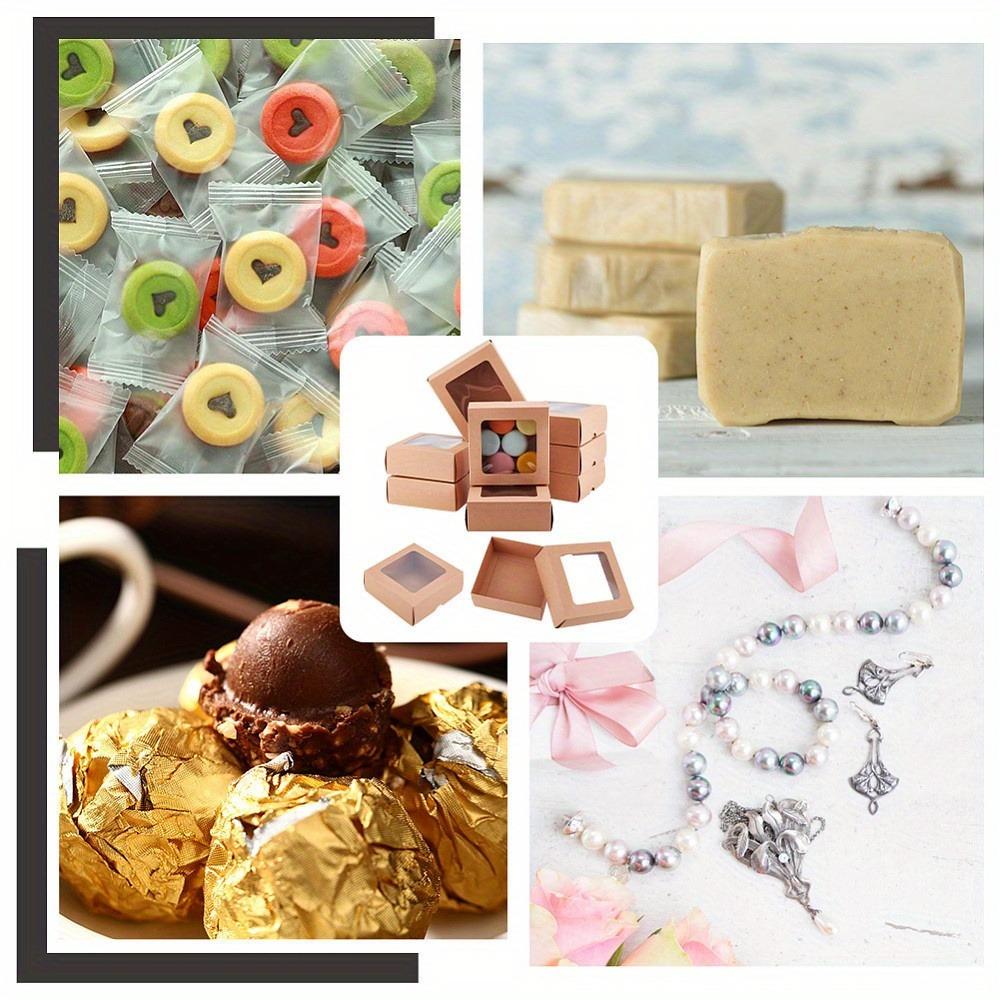 12pcs Folding Kraft Paper Cardboard Jewelry Gift Boxes with PVC Visible Window Square Khaki Color Storing Box