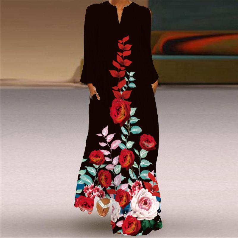 2025 Spring and Summer Fashion New Women's Retro Butterfly Print Long Dress Chiffon V Neck Long Sleeves Pocket Dress