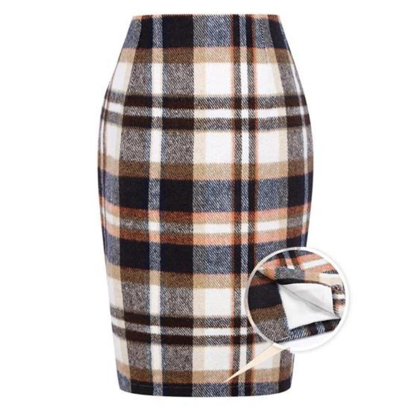 Frauen Frühling Rock Hohe Taille Plaid Print Kontrast Farbe Slim Fit Gerade Warm Halten Mantel Knielangen Winter Rock Weibliche kleidung