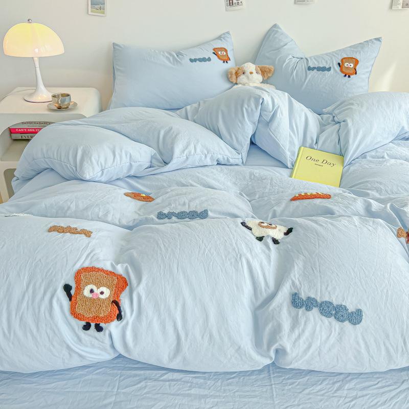 Cartoon Cotton Towel Embroidered Comforter Set Machine Washable Bed Linen Bedding Spring New Soft Breathable Fitted Sheet