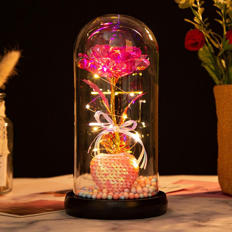 Love glass cover gold leaf flower ornament, Christmas and Valentine's Day creative gift, luminous simulated rose bouquet