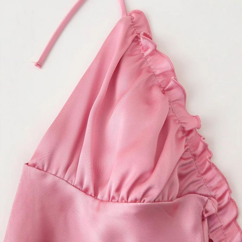 Silk Satin V-neck Backless Spaghetti Strap A-line Dress for Women - New European American Style