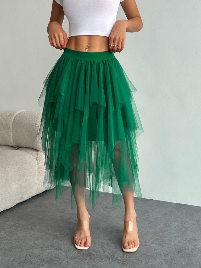 Unregelmäßiger Mesh High Waist Tüll Midi-Rock für Damen - Frühjahrsankunft 2025