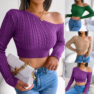 2023 Women's Autumn and Winter Fried Dough Twists Off Shoulder Long Sleeve Short Knitting Sweater