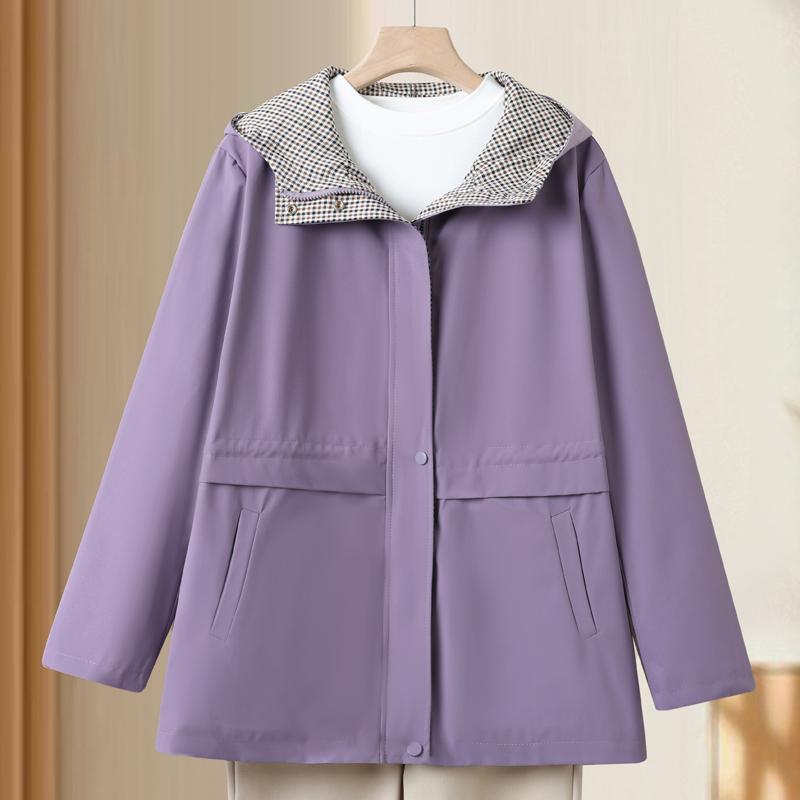 Women's Plus Size Casual Hooded Coat – Plaid Trim Hood Windproof Jacket (Sizes 3XL-7XL) for Middle-Aged Women