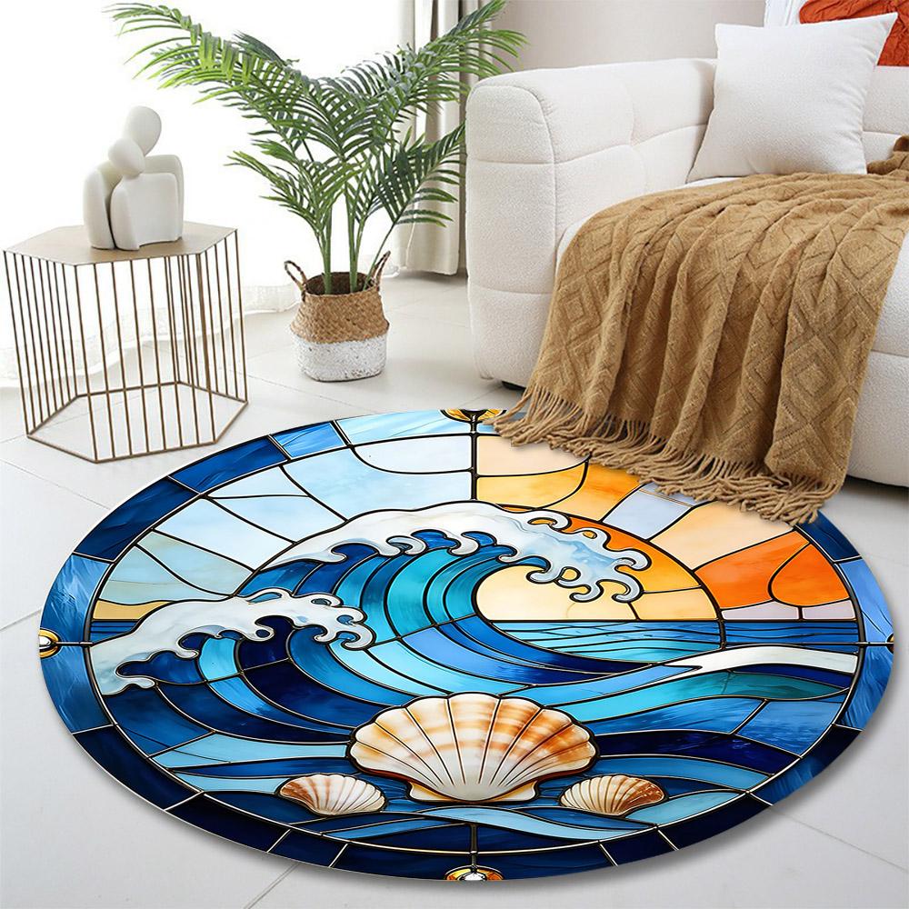 Ocean Waves and Seashells Design Print round rug, living room, bedroom, playroom carpet, non slip floor mat, gift