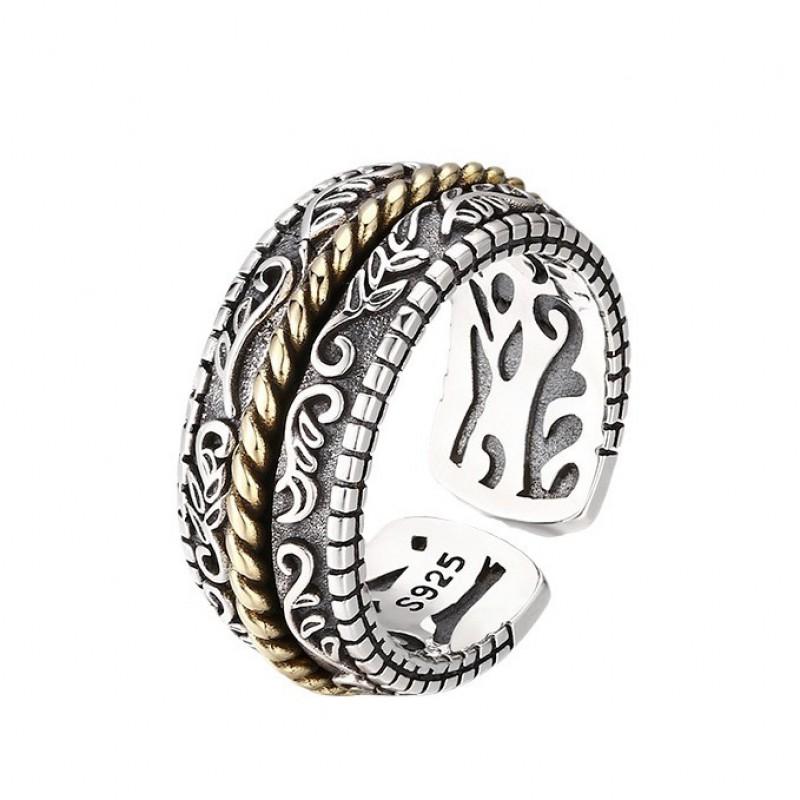 Adjustable Open Ring Men Women Vintage Tang Grass Plated Geometric Finger Stylish Retro Band