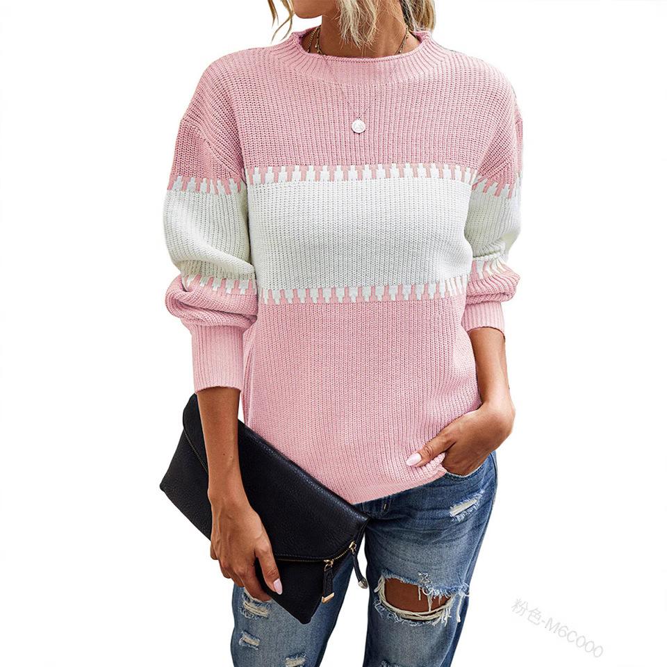 Contrast Colour Striped Knitted Sweater for Women Bell Sleeves Top Women's Round Neck Luxurious Relaxed-fit Slimming and Versatile Top