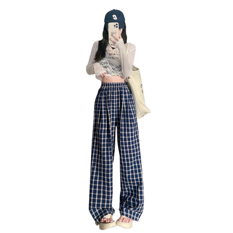 

Women s Spring Summer Thin High Waisted Bubble Cotton Vintage Plaid Wide Leg Korean Style Straight Leg Casual Floor Length Strolling Pants XL