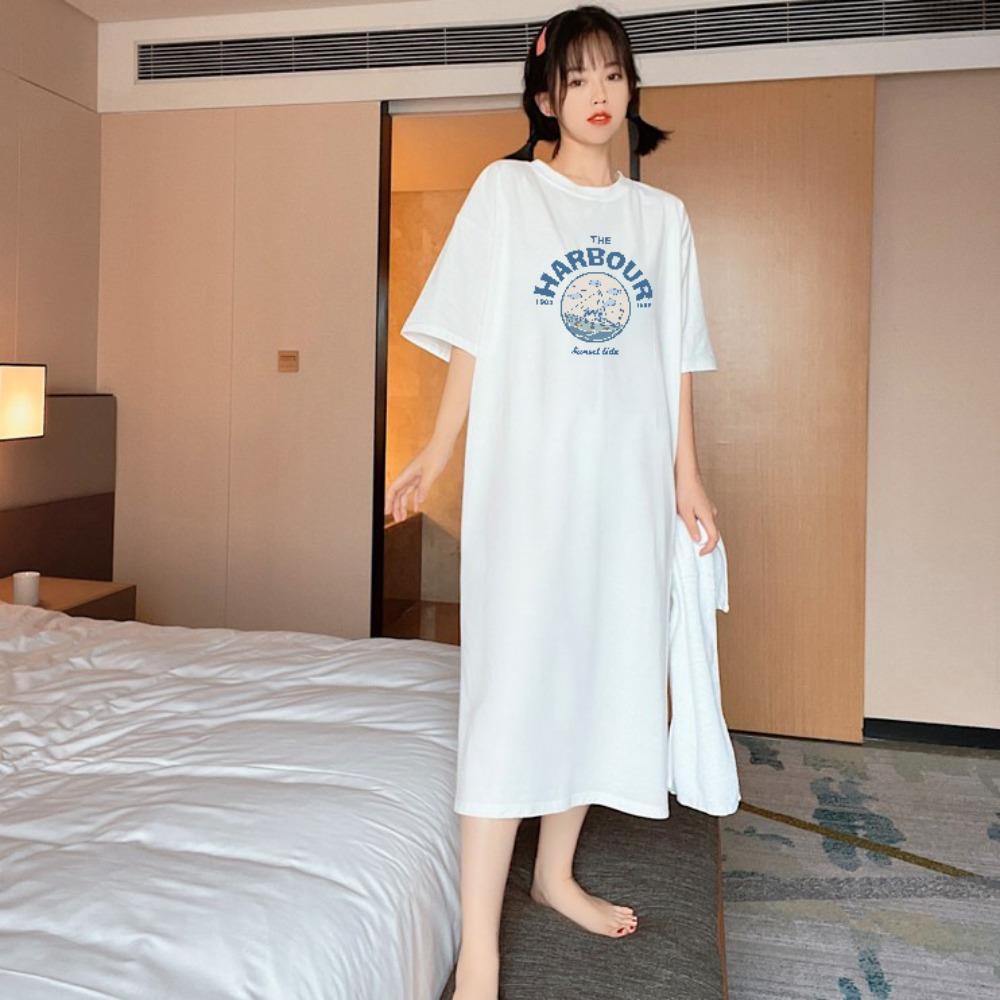 Korean summer women s clothing ins long knee-length dress short-sleeved T-shirt skirt women s fashion split-ended letter print dress M белый