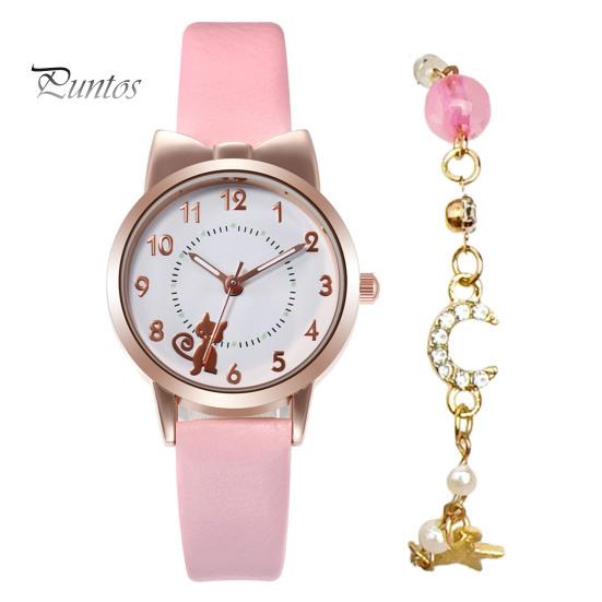 1 sada Dámské hodinky Star Moon náramek Kreslený kočičí motýlek Kulatý řemínek z umělé kůže Přesné Dívčí Studentské Křemenné hodinky Módní Šperky Narozeniny