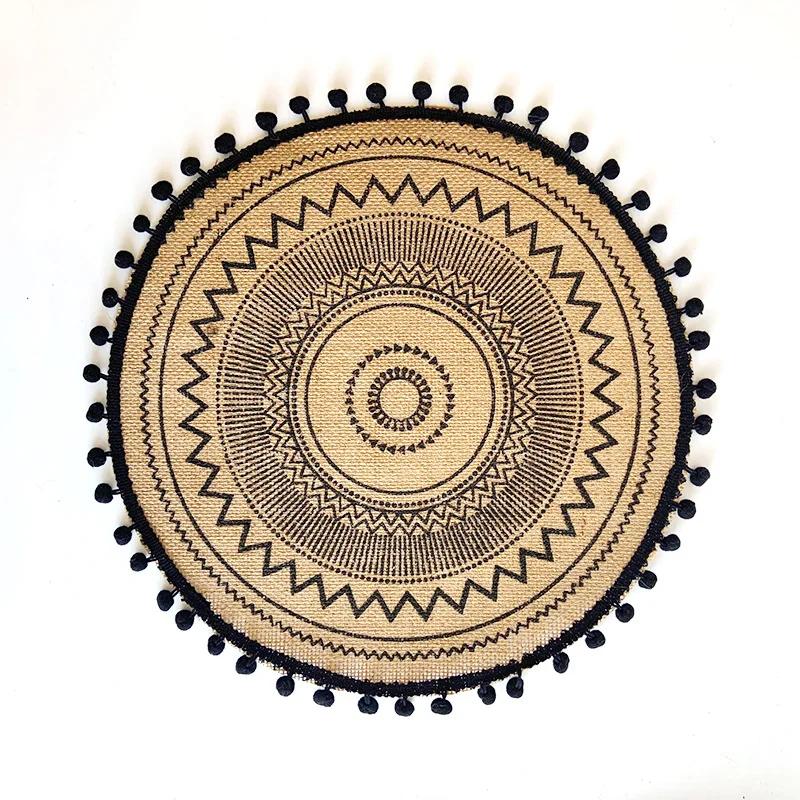 Boho Round Placemat 15 Inch,Farmhouse Woven Jute Fringe TableMats with Pompom Tassel Place Mat for Dining Room INS Table Decors