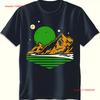 Retro Landscape T Shirt Dark Blue With Green Planet River Design Vintage Homme Comfortable Stylish Stretched Graphic