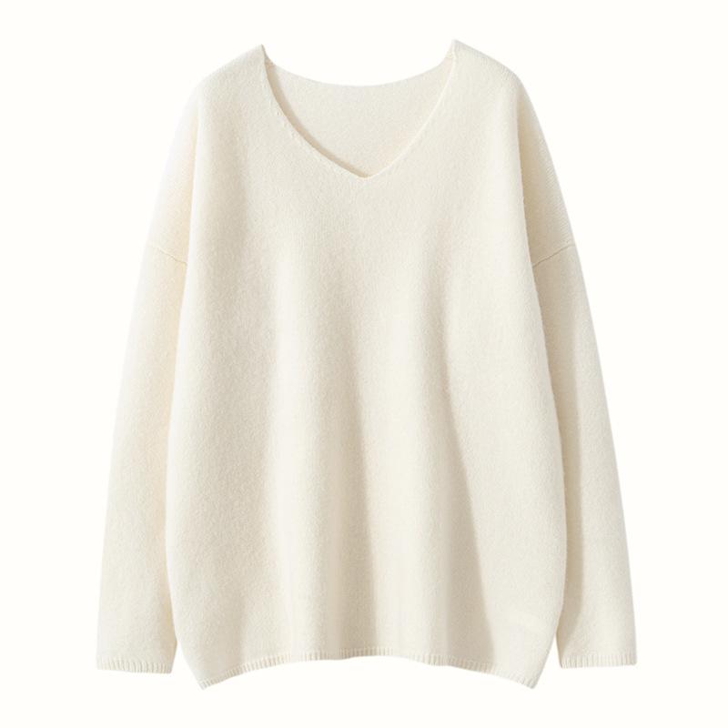 Women's V-Neck Cashmere Bodycon Knit Sweater, Solid Color, Medium-Length, Long Sleeve, Casual Loose Pullover.