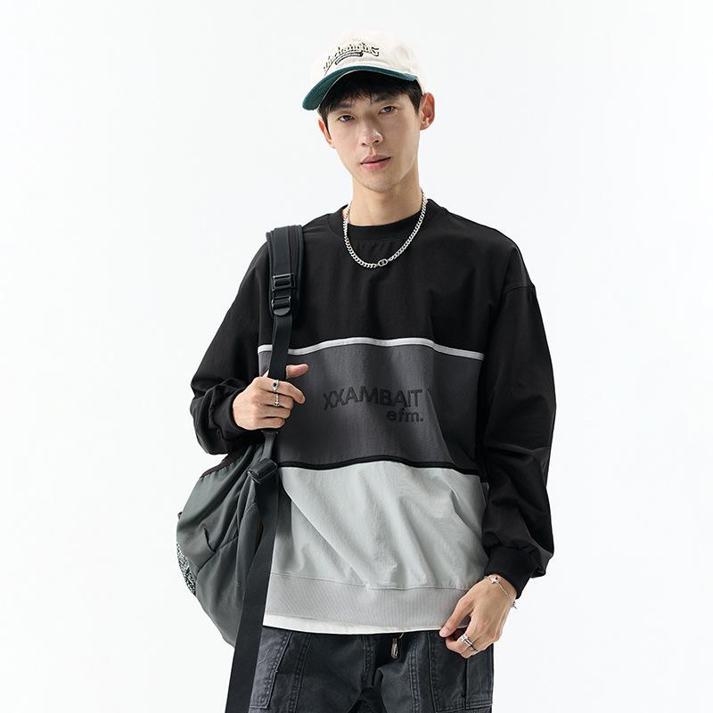 Men s Retro Color Block Long Sleeve Round Neck Pullover Hoodie XL