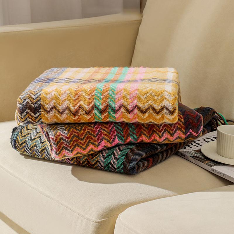 Bohemian Style Plaid Sofa Throw Insulated Weather Snuggly Knit Comfortable Snuggly Blankets For Bed Couch Cover Bedspread Cover Home Office Nap