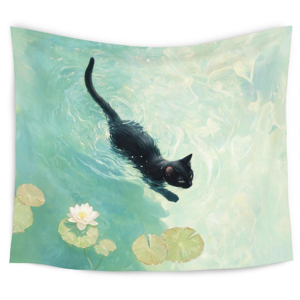 Cute Black Cat Art Painting Tapestry, Aesthetic Black Cats Decor, Vintage Cat Tapestry Wall Hanging For Room Bedroom Living