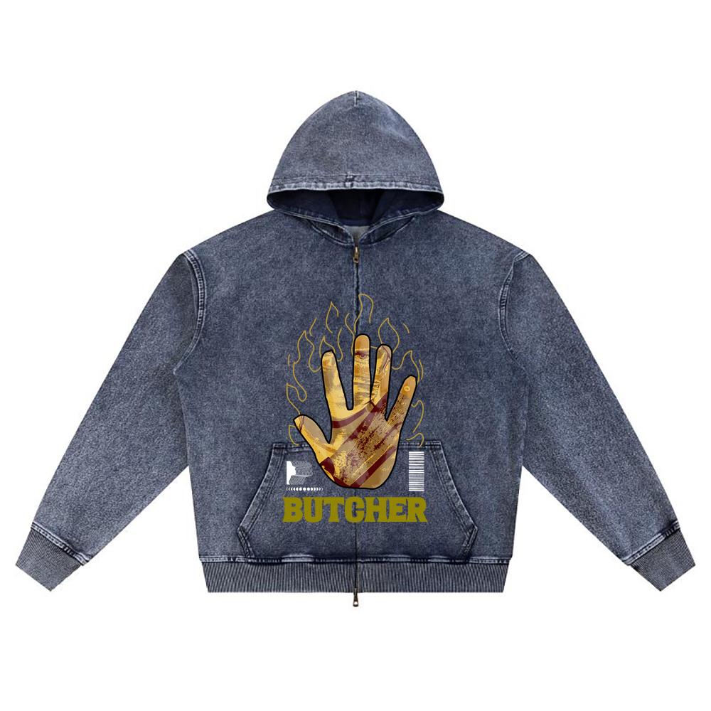 

DTG print Knitted Denim Zip-Up Hoodie Butcher Brother Print Zipper Hoodies XL темно-синий