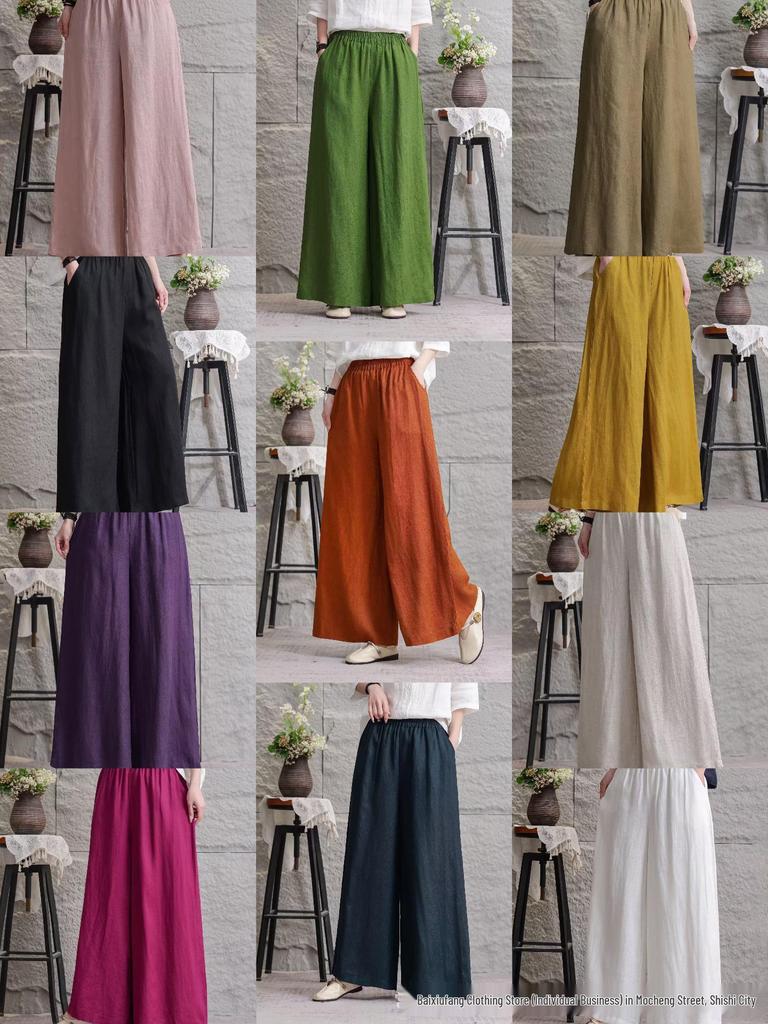 Women's 2026 Summer Linen Wide-Leg Pants: Solid Color, Loose Fit, Large Size, Casual Fashion