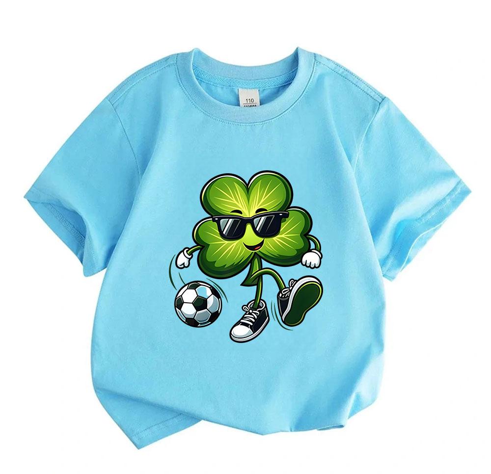 Kids Boys Girls 100% Cotton Crew Neck Short Sleeve T-Shirt, Cool Four Leaf Clover Sunglasses Soccer St Patricks Day Cartoon Print Casual Cute Sport Te