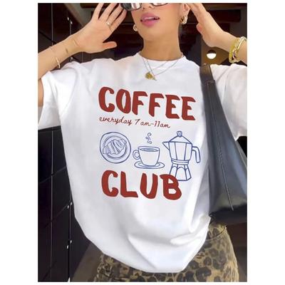 Europäische Größe Kaffeeliebhaber Grafik-T-Shirt Entspannte Passform Kurzarm Rundhalsausschnitt Oberteil mit Kaffeetasse und Bohnen-Print, Lässige Kleidung Kaffeeclub Design