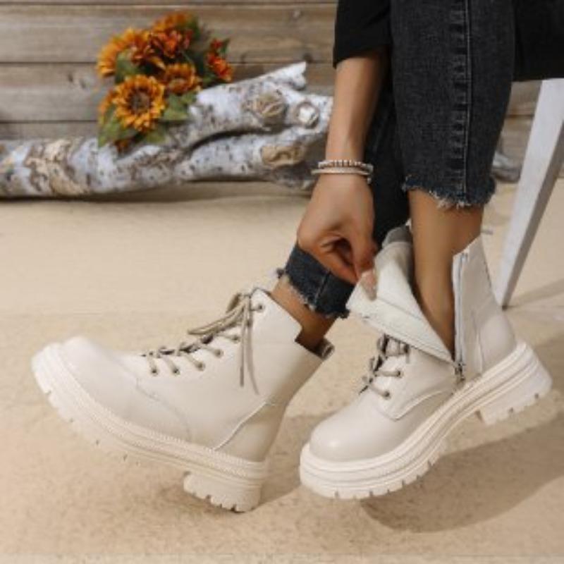 Plus Size Fall/Winter 2025 Women's Boots Martin Boots with Fleece Thick Soles and Lace-up Black Classic Booties for Women
