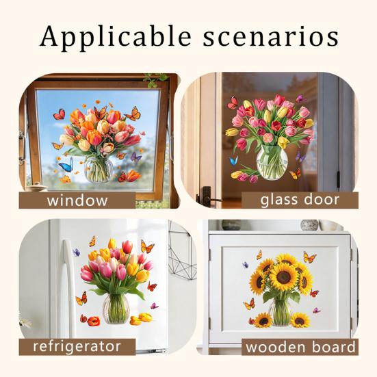 Potted Plant Window Clings Botanical Butterfly Cactus Decals Green Plants Static PVC Glass Stickers for Home Office Shop Decor