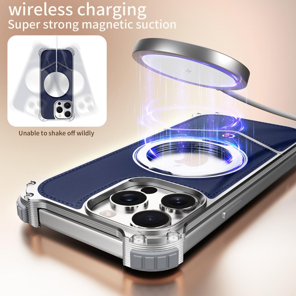 For iPhone 14 Pro Max Case PU Covered Metal Boardless Phone Back Cover with Kickstand