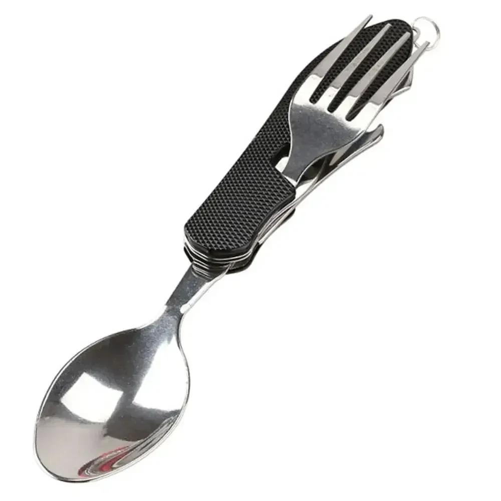 4-in-1 Faltbares Besteckset, Edelstahl Campingbesteck mit Messer Gabel Löffel Flaschenöffner, Tragbar für Outdoor Reisen