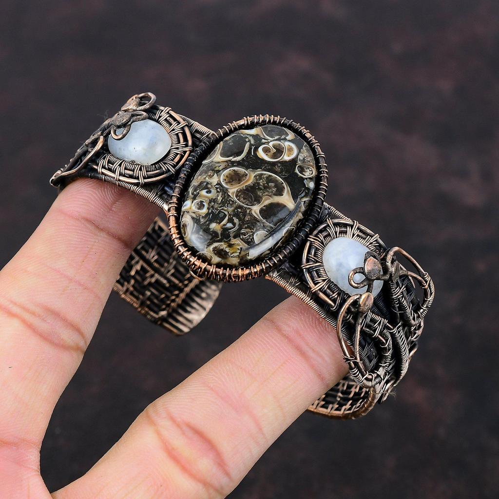 Turritella Agate Cuff Bracelet Copper Wire Wrapped Bangle Rainbow Moonstone Gemstone Cuff Handmade Adjustable Bangle Copper Jewelry For Gift