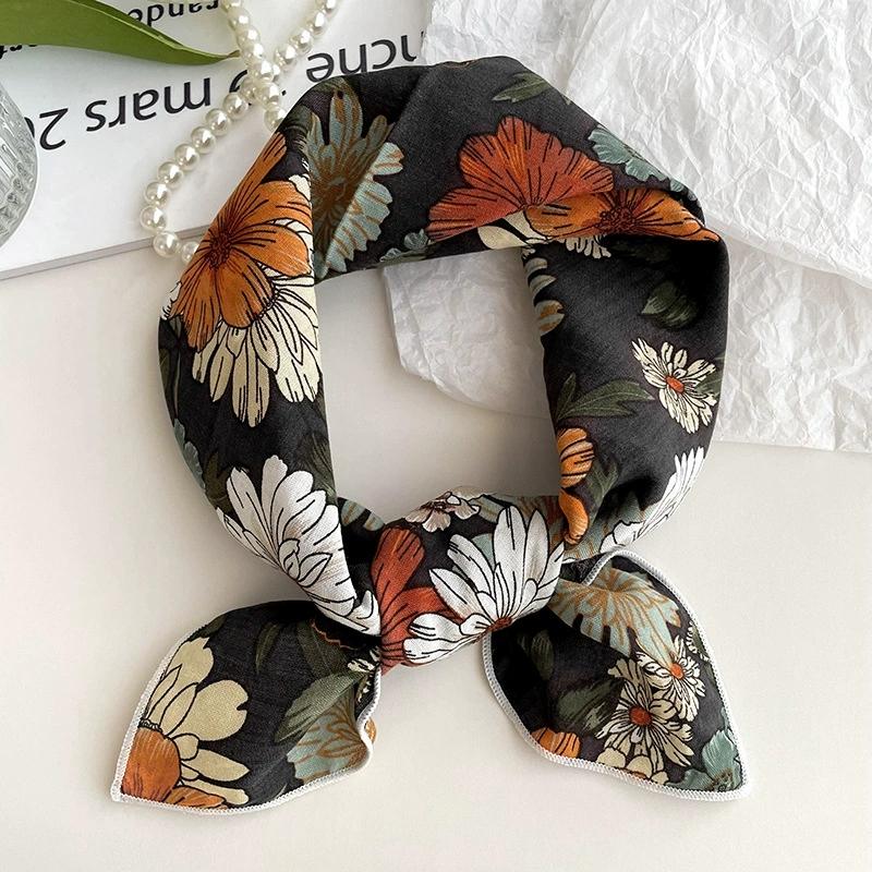 56cm Soft Retro Soft Cotton Square Scarf for Women Neckerchief Cotton Headscarf Floral Printed Small Scarf Hijabs
