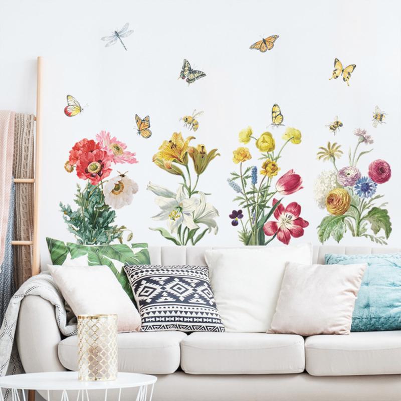 Wall  Sticker, Bright Flower Green Leaf Cluster Colored Butterflies Decoration Painting, Bedroom
