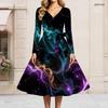 Women Plus Size V Neck Long Sleeve Rainbow Tie Dye Printed A Line Dress With Belt