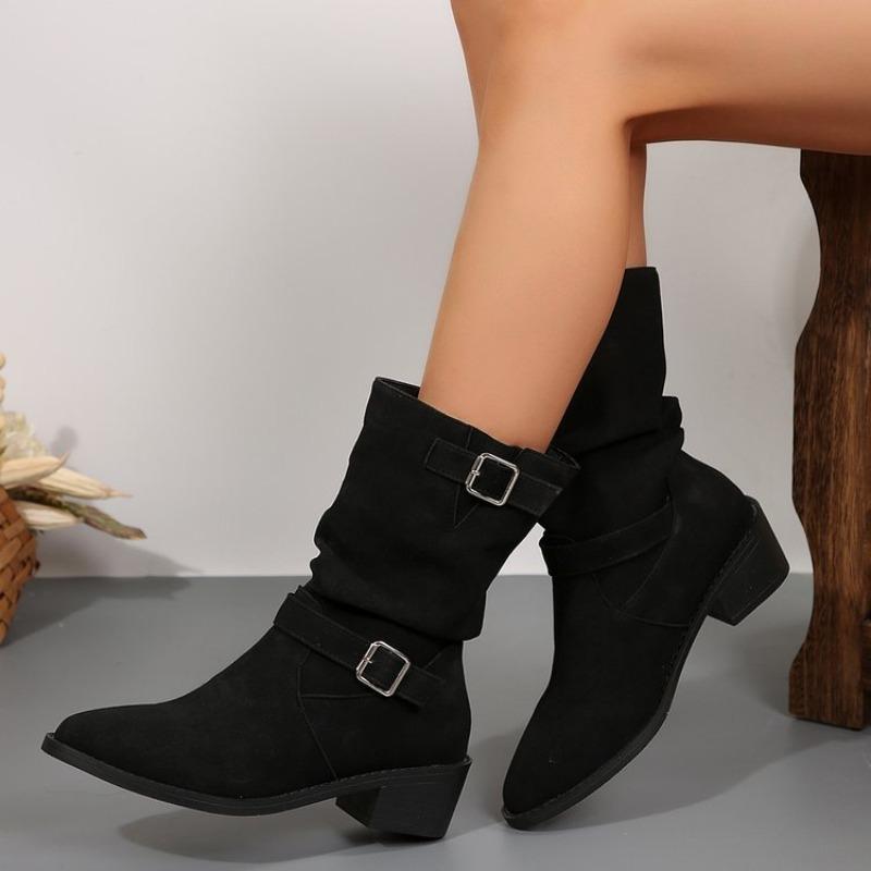 Large Size Square Heel Buckle Cowboy Style Stacking Boots Autumn and Winter New Round Head Versatile Fashion Women's Boots