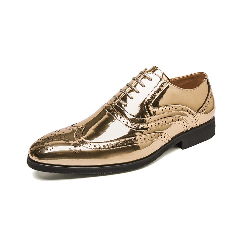 Men's Formal Gold Mirror Brogue Leather Shoes - Large Size, Lace-up Wedding Groom Attire